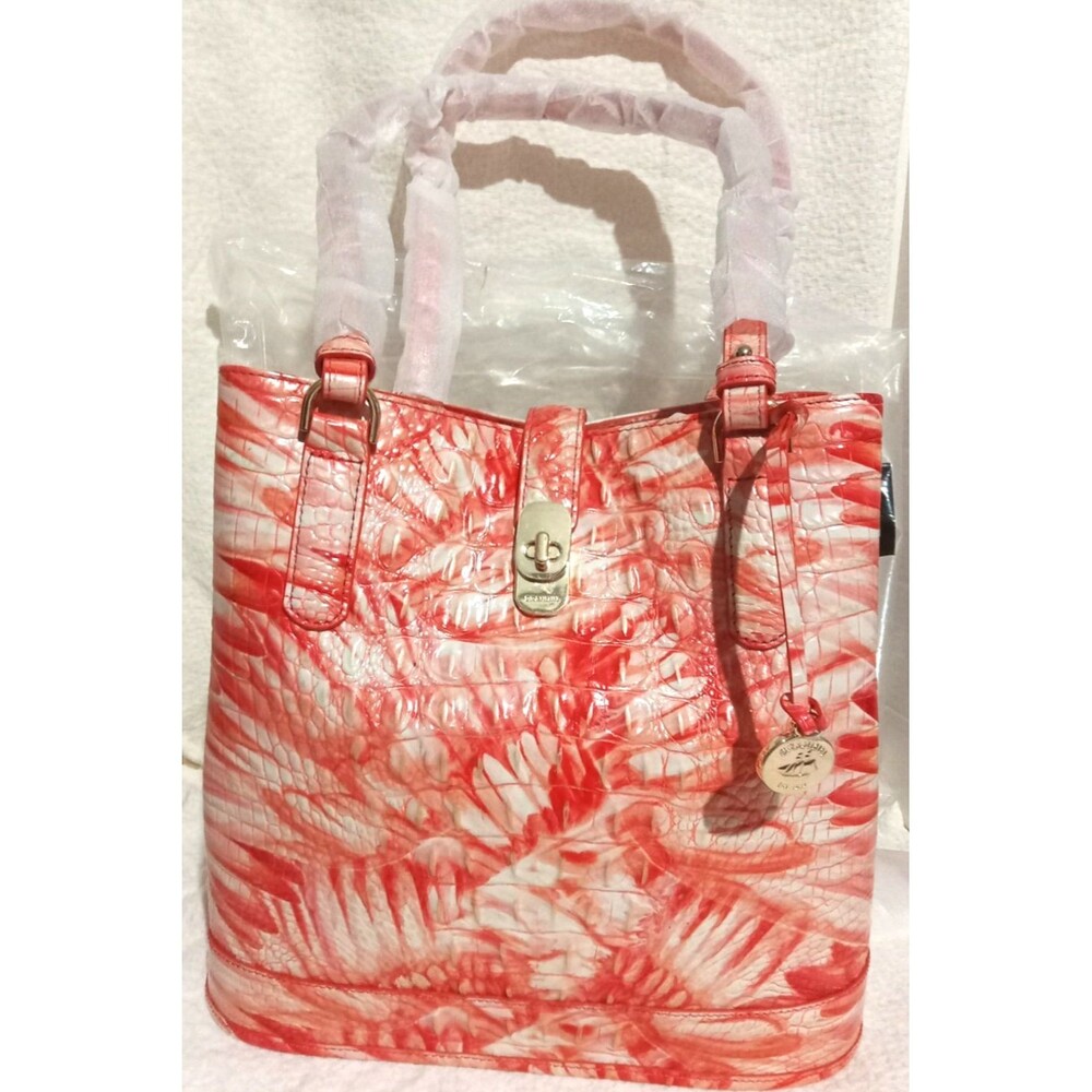 Brahmin Fiora Pink Flamingo Print Leather Purse Melbourne Bucket Bag Pink